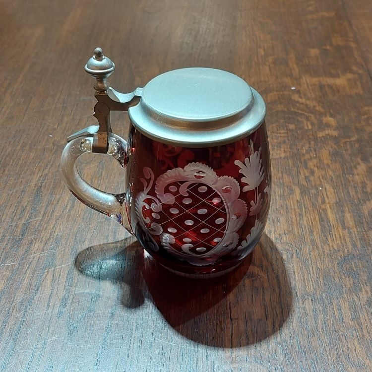 捷克棗紅切割水晶啤酒杯