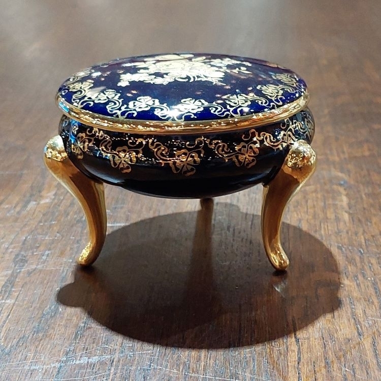 法國Limoges 24K燙金藍色陶瓷首飾盒